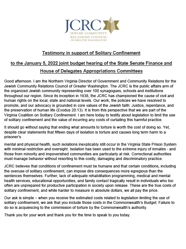 Testimony in support of Solitary Confinement to the January 5, 2022