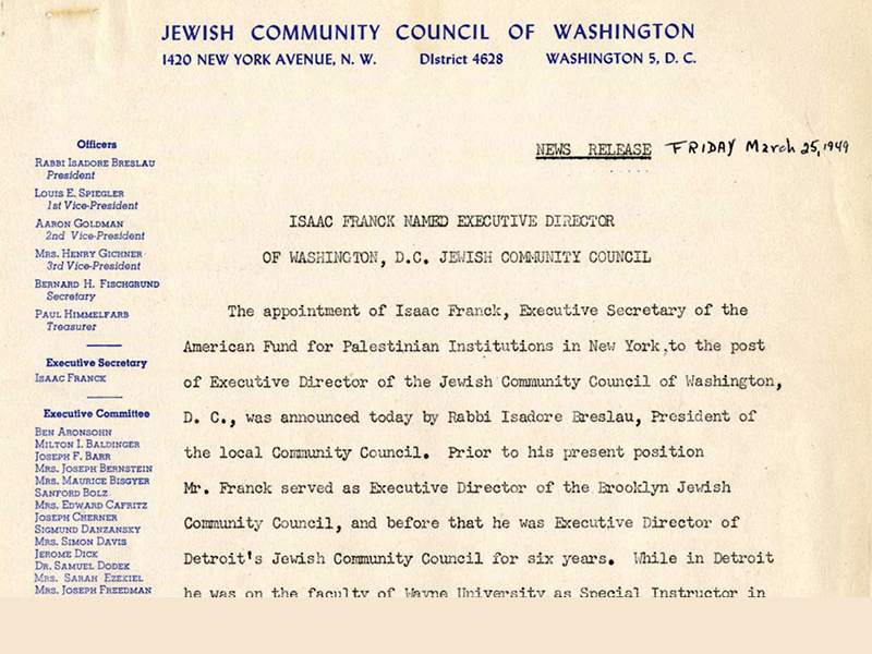  JCRC appoints Isaac Franck as Exec Dir in 1949