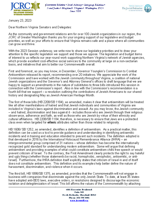 Letter to Northern Virginia Delegation
