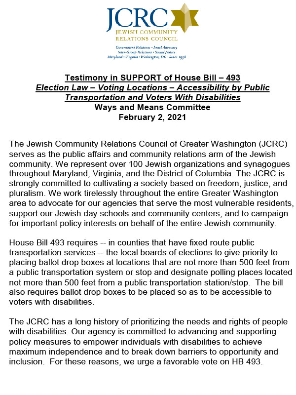 MD Testimony in SUPPORT of House Bill – 493 Election Law – Voting Locations – Accessibility by Public Transportation and Voters With Disabilities