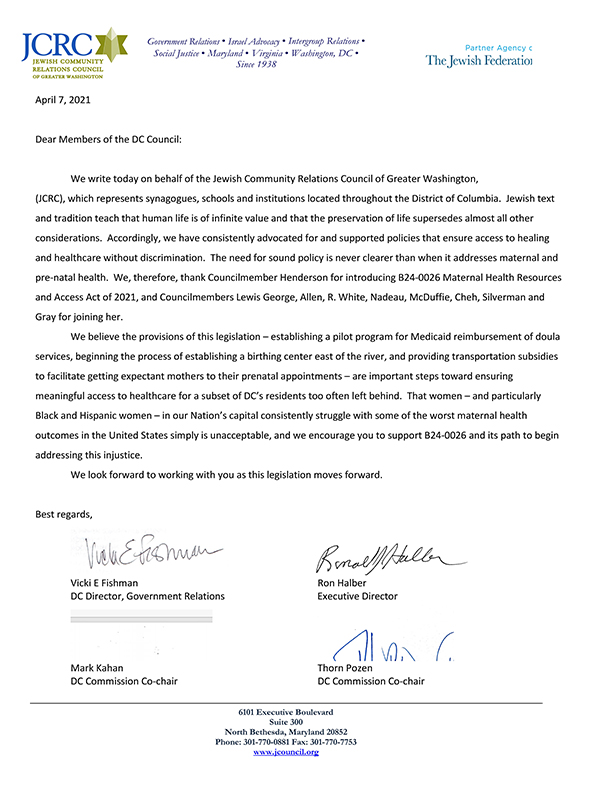 Letter regarding B24-0026 Maternal Health Resources and Access Act of 2021