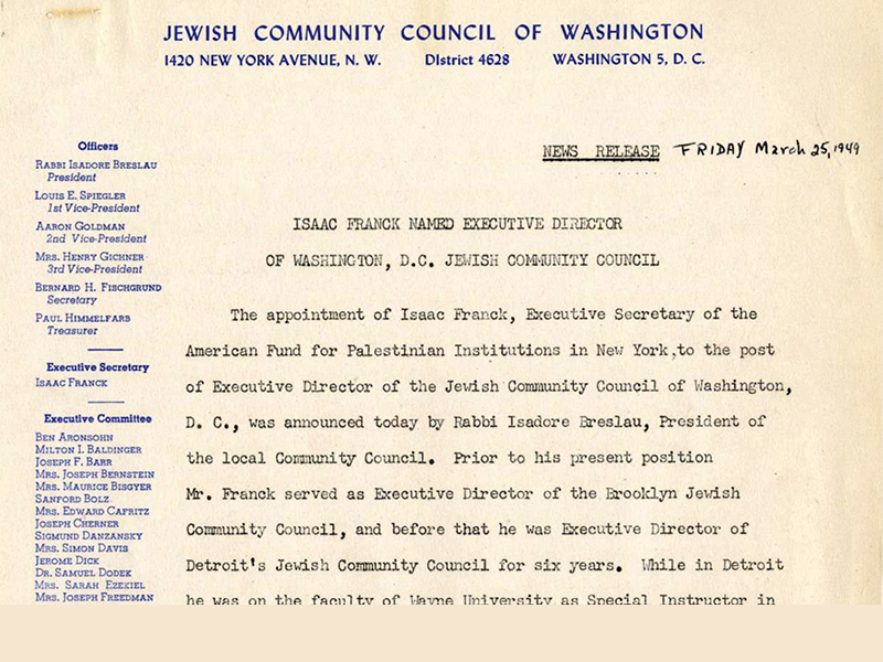 JCRC appoints Isaac Franck as Exec Dir in 1949